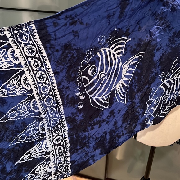 Fish Pring Blue Sarong Scarf swim coverup - Picture 3 of 4